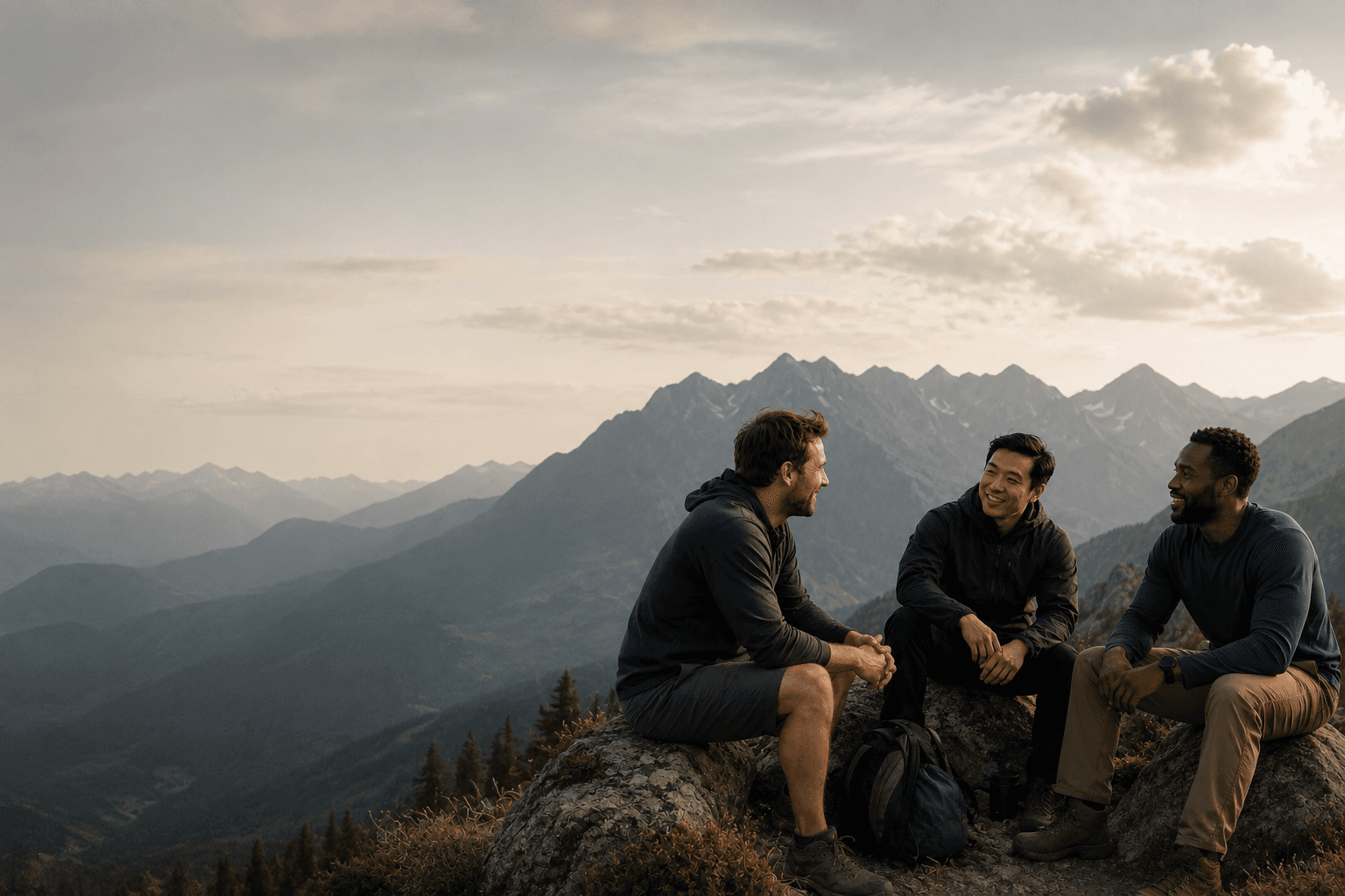 Three men talking together on a mountain summit at sunset